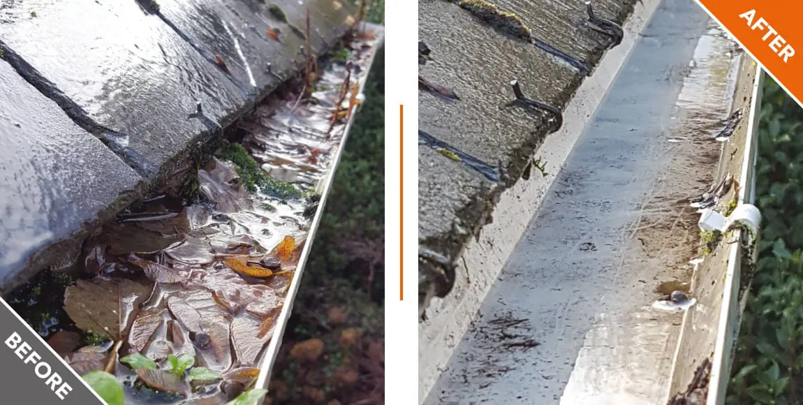 Before and after comparison of gutter cleaning service showing moss removal