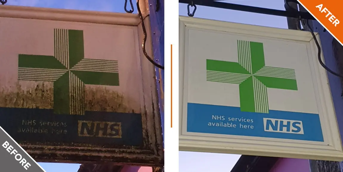 Before and after comparison of commercial signage cleaning service
